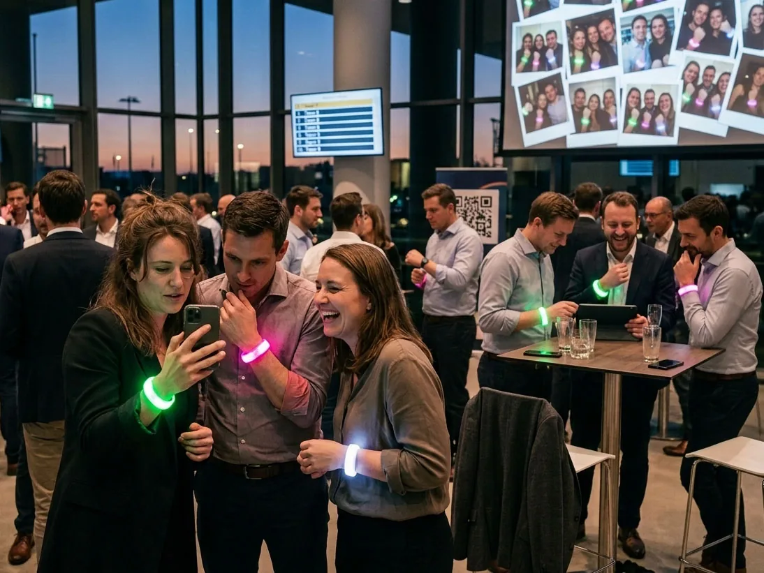Ambiance d’animation corporate lors d’un événement : participants équipés de bracelets LED et connectés par smartphone, selfies sur grand écran