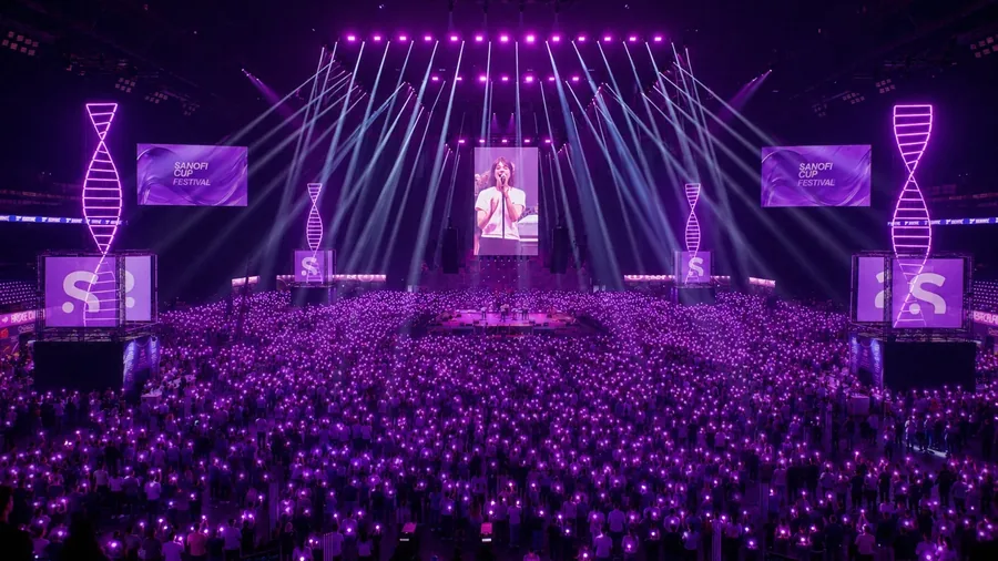 Concert en violet : scène, faisceaux lumineux et foule aux bracelets allumés
