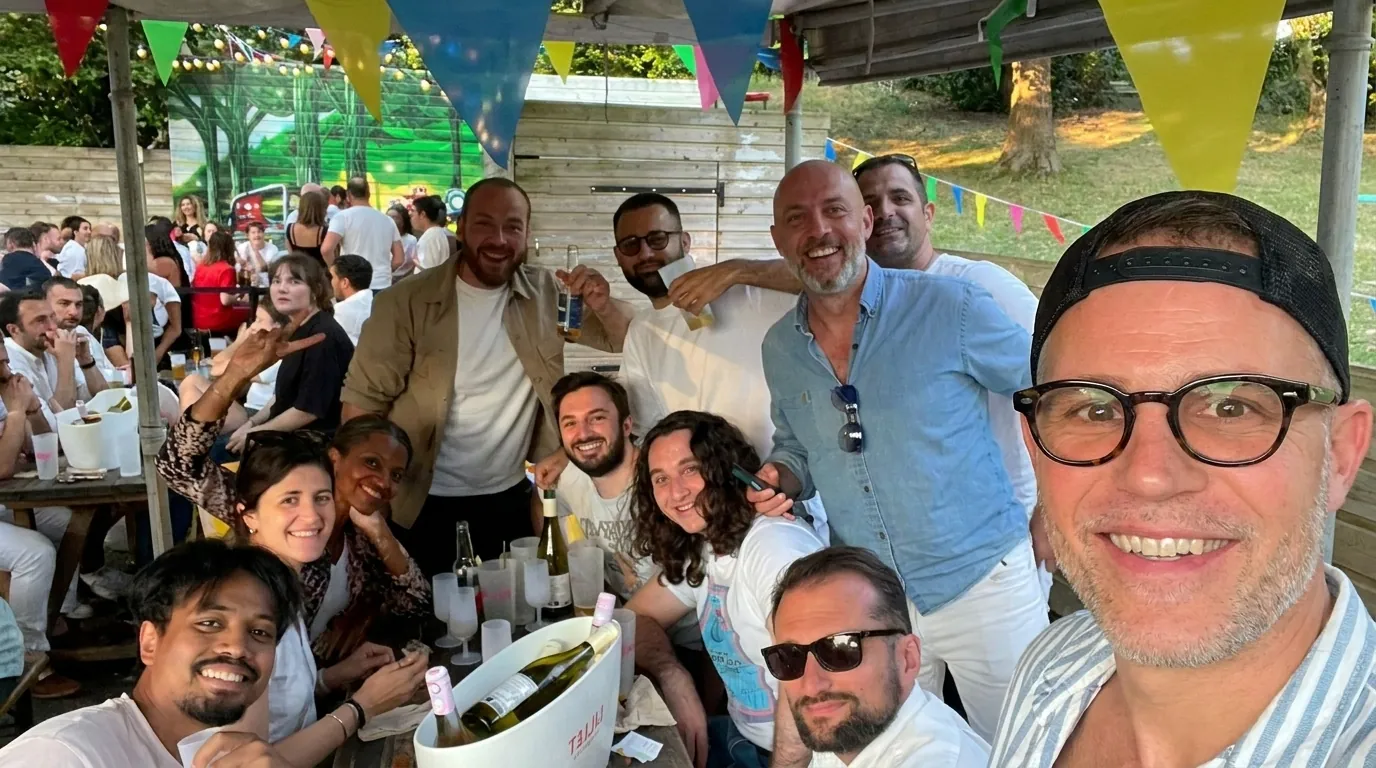 Selfie de groupe de l’équipe Happy-Zone sous les fanions, lors de la garden party annuelle